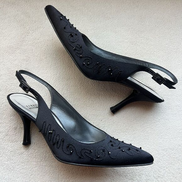 Stuart Weitzman Black Satin Bead Slingback Heel Women 7 Formal Evening Cocktail - Picture 1 of 14